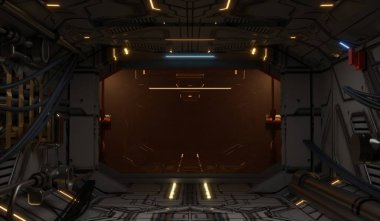 Teknoloji koridoru, modern tünel, koridor, uzay gemisi, 3 boyutlu illüstrasyon