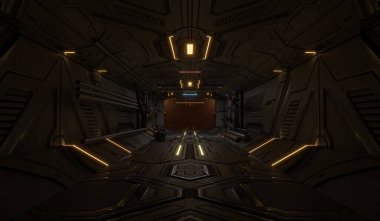 Teknoloji koridoru, modern tünel, koridor, uzay gemisi, 3 boyutlu illüstrasyon