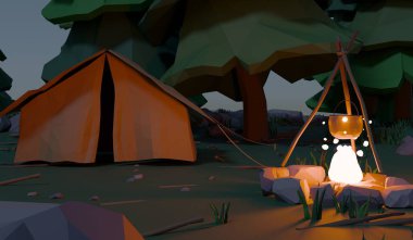 Kamp, şenlik ateşi, seyahat, orman, 3 boyutlu çizimler