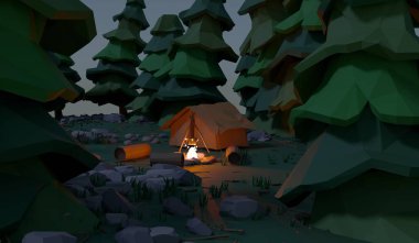 Kamp, şenlik ateşi, seyahat, orman, 3 boyutlu çizimler