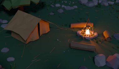 Kamp, şenlik ateşi, seyahat, orman, 3 boyutlu çizimler