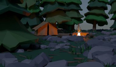 Kamp, şenlik ateşi, seyahat, orman, 3 boyutlu çizimler