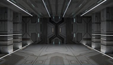 Uzay gemisi koridoru, soyut zemin, teknoloji sahnesi, modern podyum, 3D illüstrasyon