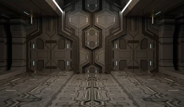 Uzay gemisi koridoru, soyut zemin, teknoloji sahnesi, modern podyum, 3D illüstrasyon