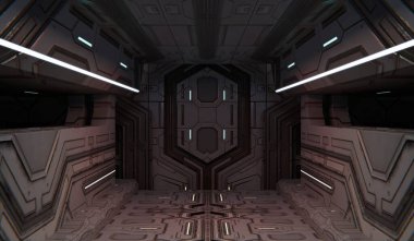 Uzay gemisi koridoru, soyut zemin, teknoloji sahnesi, modern podyum, 3D illüstrasyon