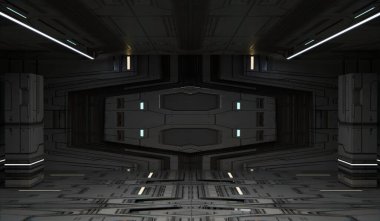 Uzay gemisi koridoru, soyut zemin, teknoloji sahnesi, modern podyum, 3D illüstrasyon