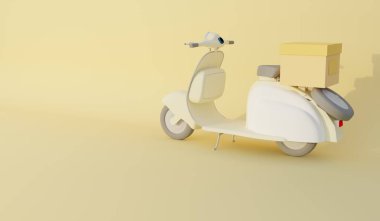 Arkasında yiyecek kutusu olan motosiklet, teslimat, dağıtım aracı, 3 boyutlu illüstrasyon