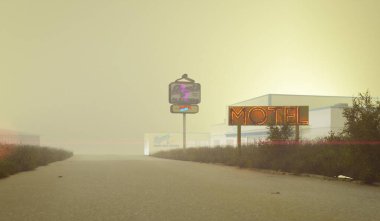 Sis dolu binanın önündeki otel tabelası. Peyzaj, manzara, doğa, manzara, üç boyutlu illüstrasyon.