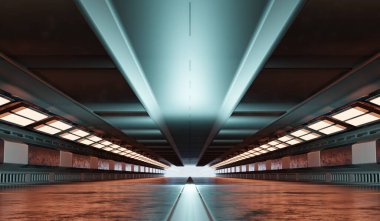 Uzun tünel, teknoloji koridoru, neon ışığı, arkaplan, 3 boyutlu illüstrasyon