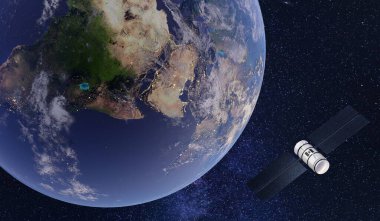 Dünya yörüngesinde yüzen bir uydu. Bilim kurgu tarzı. Uzaktan iletişim. Geçmişi, teknolojisi. 3B illüstrasyon.