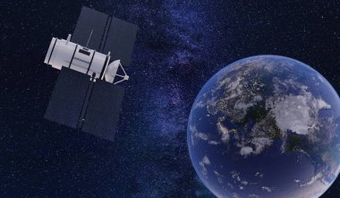 Dünya yörüngesinde yüzen bir uydu. Bilim kurgu tarzı. Uzaktan iletişim. Geçmişi, teknolojisi. 3B illüstrasyon.