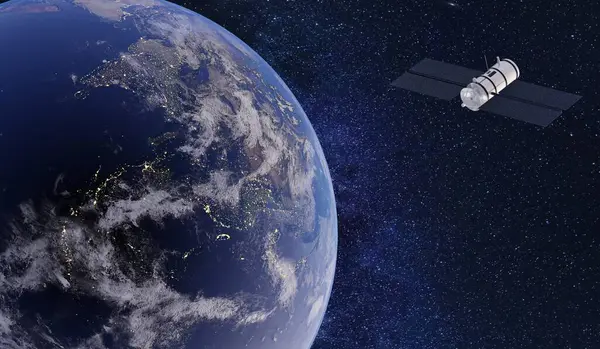 Dünya yörüngesinde yüzen bir uydu. Bilim kurgu tarzı. Uzaktan iletişim. Geçmişi, teknolojisi. 3B illüstrasyon.
