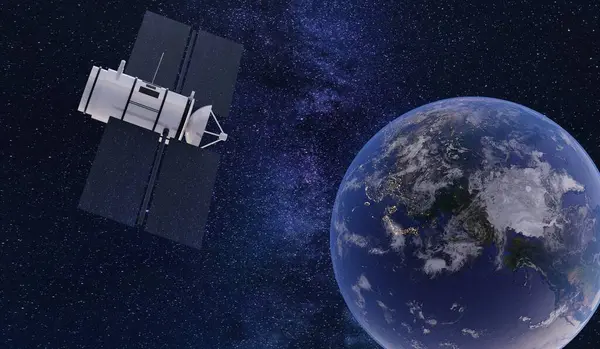 Dünya yörüngesinde yüzen bir uydu. Bilim kurgu tarzı. Uzaktan iletişim. Geçmişi, teknolojisi. 3B illüstrasyon.