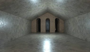 Eski binanın içi, eski tuğla duvarlar, koridor kemeri, üç boyutlu illüstrasyon..