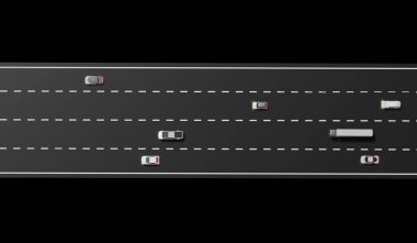 Çalışan arabalar, yol şeridi, seyahat, 3 boyutlu illüstrasyon