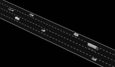 Çalışan arabalar, yol şeridi, seyahat, 3 boyutlu illüstrasyon