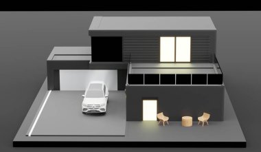 Ev modeli, küçük model ev, model ev, iki kat, üç boyutlu illüstrasyon.