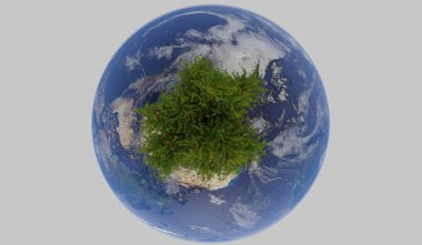 Dünya üzerinde ağaç yetişiyor, doğal kaynak korunumu kavramı, dünyayı sevmek, 3 boyutlu illüstrasyon