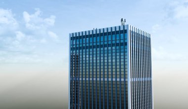 Yüksek binalar, gökyüzü arka planı, şehir, cam bina, üç boyutlu illüstrasyon