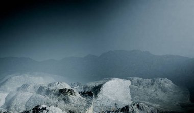 Kayalık zemin, pürüzlü manzara, dağ, üç boyutlu illüstrasyon