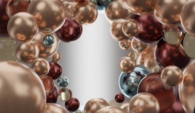 Soyut arkaplan, parlak toplar ve boncuklar, ortadaki boşluk, üç boyutlu illüstrasyon