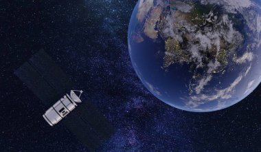 İletişim uyduları, dış uzay, yörüngede yüzen uydular, 3 boyutlu illüstrasyon