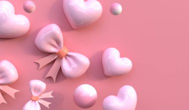 Kalp ve yay arkaplan, kalplerle süslenmiş boş sahne, 3 boyutlu illüstrasyon