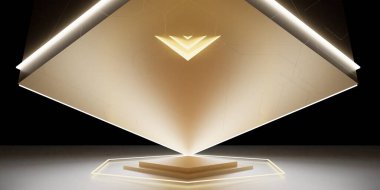 Ürün sergisi, kare podyum, teknoloji, lazer ışığı, 3 boyutlu illüstrasyon