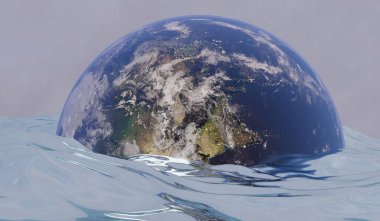 Global Flood, Globe, City Flood, 3D İllüstrasyon