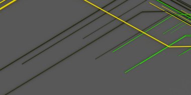 Siyah soyut arkaplan, teknoloji çizgileri, çizgiler, üç boyutlu illüstrasyon