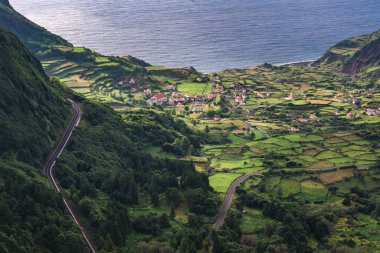 Flores adasındaki Faja Grande 'deki Azores kıyı şeridi manzarası yüksek açılı. Portekiz. 