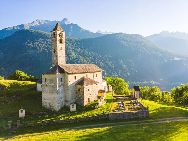 Вид Повітря Церкву Россурі Швейцарії Під Час Заходу Сонця Літній — стокове фото