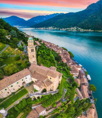 Aerial view of the Swiss village of Morcote during sunset. Morcote, Switzerland.  clipart