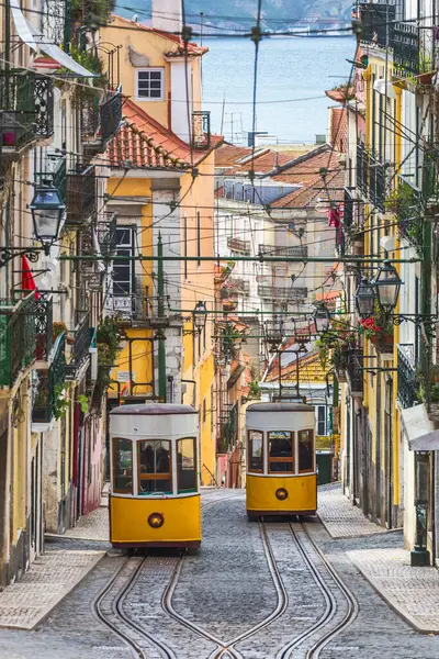 Trams Jaunes Traditionnels Funiculaire Dans Une Rue Barrio Alto Lisbonne Images De Stock Libres De Droits