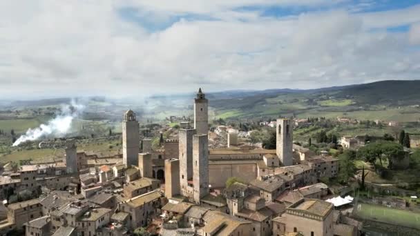 Aerial View Shot Medieval Towers San Gimignano Toskánsko Itálie Vysoce Stock Záběr