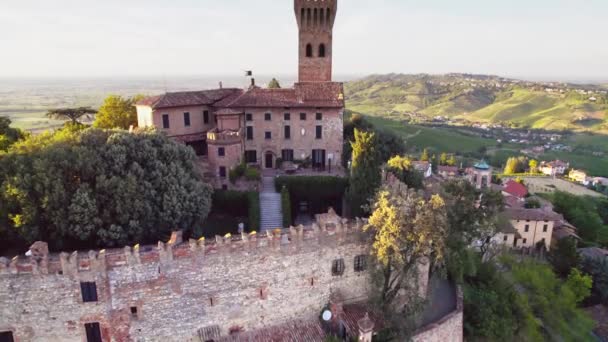 Luftaufnahme Des Schlosses Von Cigognola Mit Weinbergen Hintergrund Cigognola Oltrepo Lizenzfreies Stock-Filmmaterial