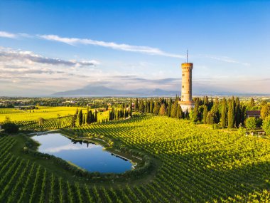 San Martino della Battaglia Kulesi 'nin hava manzarası arka planda Garda Gölü, San Martino della Battaglia, Lombardy, İtalya. 