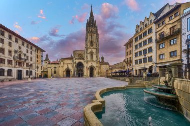 Oviedo, Asturias 'taki Plaza Alfonso II el Casto Katedrali' nin manzarası. İspanya. 