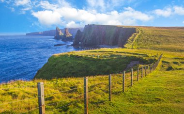 Grass pastures, cliffs and sea stacks at Ducansby Head near the town of John OGroats, Scotland clipart