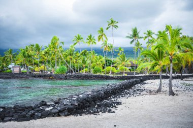 Puuhonua O Honaunau Ulusal Tarih Parkı manzarası Hawaii 'nin kutsal mekanı, palmiye ağaçları, Büyük Ada, Hawaii, ABD