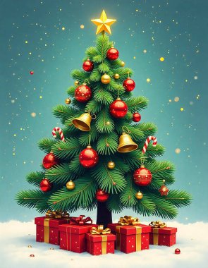 Noel ağacı ve kırmızı kurdeleli hediye kutusu. Noel ağacı ve hediyeler, 3 boyutlu illüstrasyon.