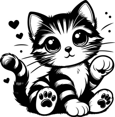 Şirin kedi resmi, siyah-beyaz vektör sanatı, büyük gözler, oyuncu duruş, stilize çizgiler, çizgi film tarzı.