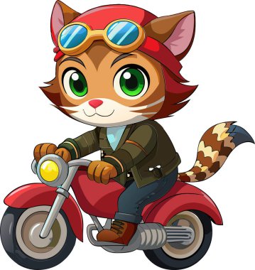 Anthropomorphic tabby cat, red motorcycle helmet vector illustration clipart