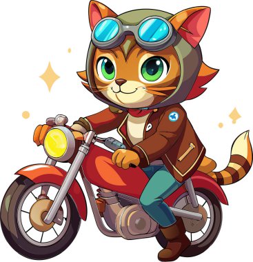 Anthropomorphic tabby cat, red motorcycle helmet vector illustration clipart