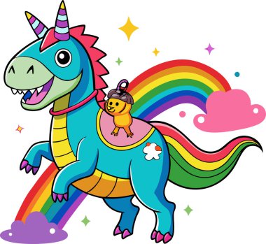 Cartoon unicorn riding a T-Rex vector illustration design clipart