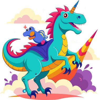 Cartoon unicorn riding a T-Rex vector illustration design clipart