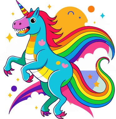 Cartoon unicorn riding a T-Rex vector illustration design clipart