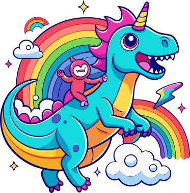 Cartoon unicorn riding a T-Rex vector illustration design clipart