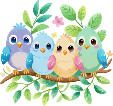 Cute cartoon birds, watercolor vector illustration, printable design clipart