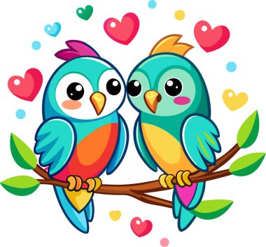 Cute cartoon love birds, colorful parrots vector illustration design clipart